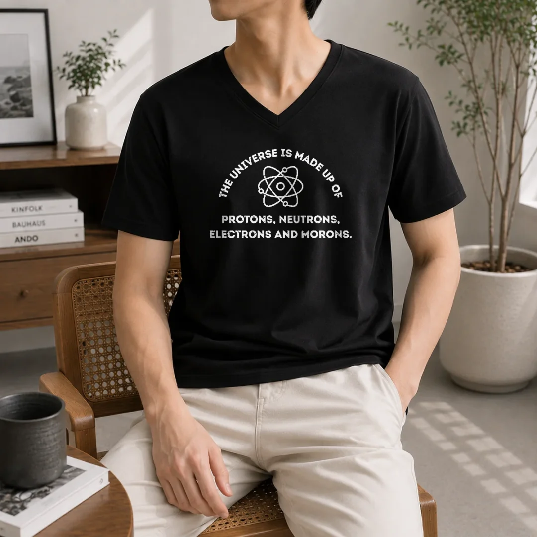pretty-the-universe-is-made-up-of-protons-neutrons-electrons-and-morons-v-neck-shirt Pretty The Universe Is Made Up Of Protons Neutrons Electrons And Morons V-Neck Shirt