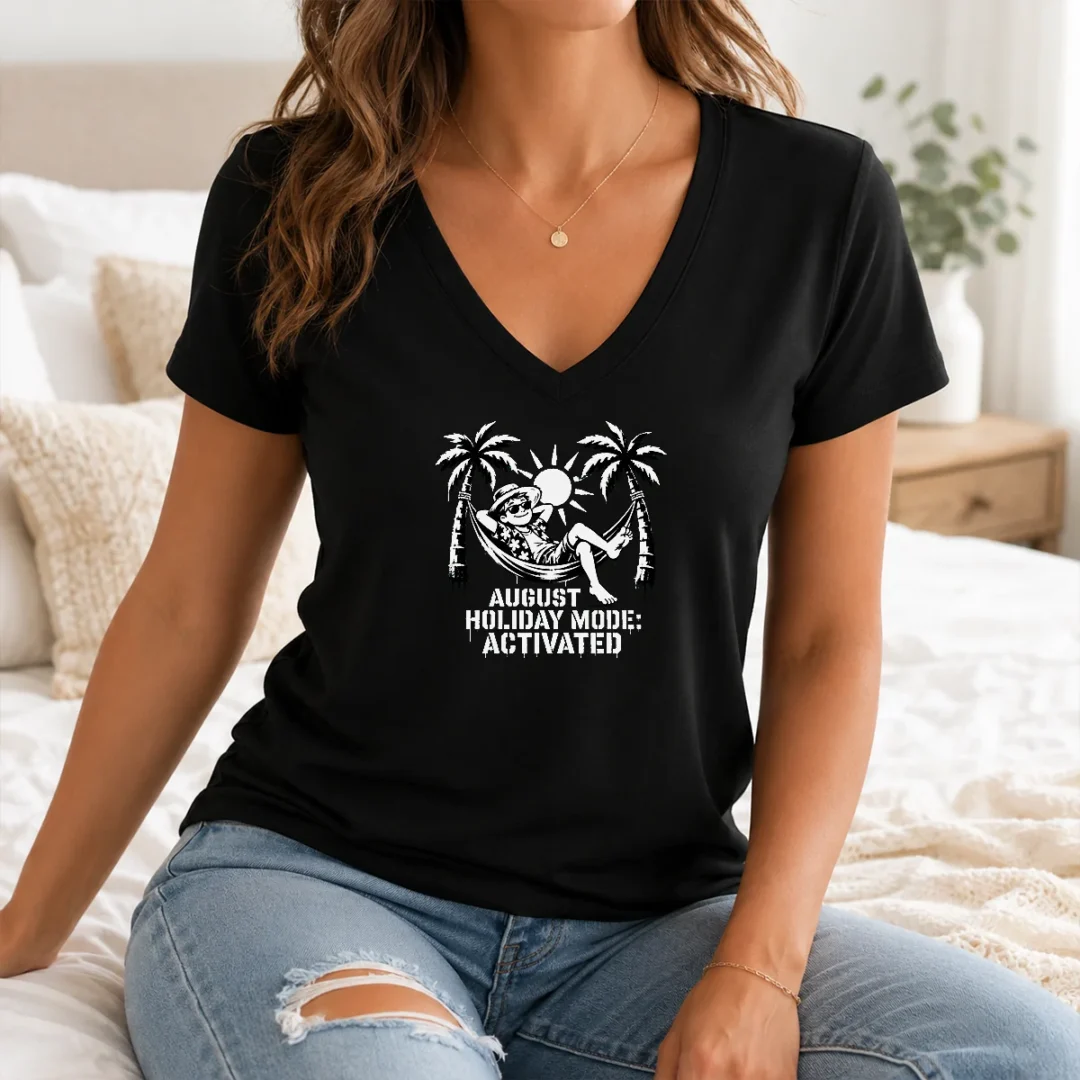 Pretty Top August Holiday Stencil For Laid Back Vibes V Neck Shirt Pretty Top August Holiday Stencil For Laid Back Vibes V-Neck Shirt