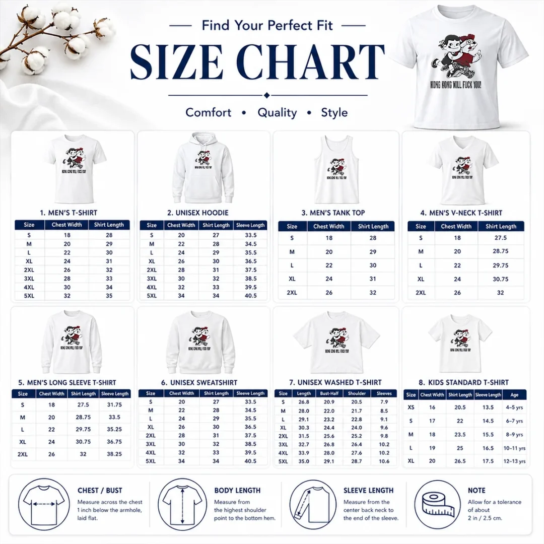 Pretty Top Hong Kong Will Fuck You Cartoon Middle Finger Size Chart Size chart for Pretty Top Hong Kong Will Fuck You Cartoon Middle Finger with measurements in inches and cm to help choose the right fit