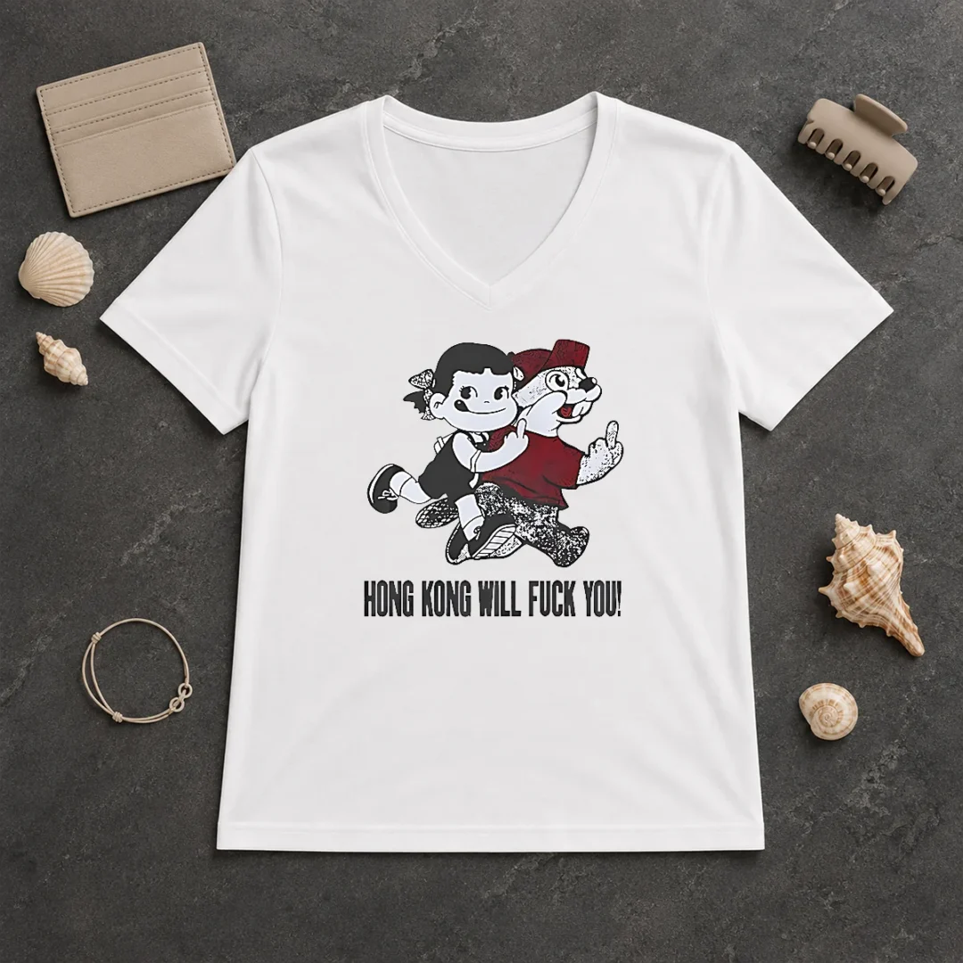 Pretty Top Hong Kong Will Fuck You Cartoon Middle Finger V Neck Shirt Pretty Top Hong Kong Will Fuck You Cartoon Middle Finger V-Neck Shirt