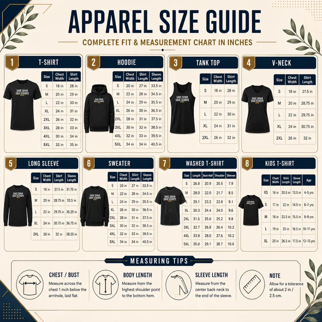 Pretty Top Save Spain Save Europe Spanish Flag Patriotic Size Chart Size chart for Pretty Top Save Spain Save Europe Spanish Flag Patriotic with measurements in inches and cm to help choose the right fit