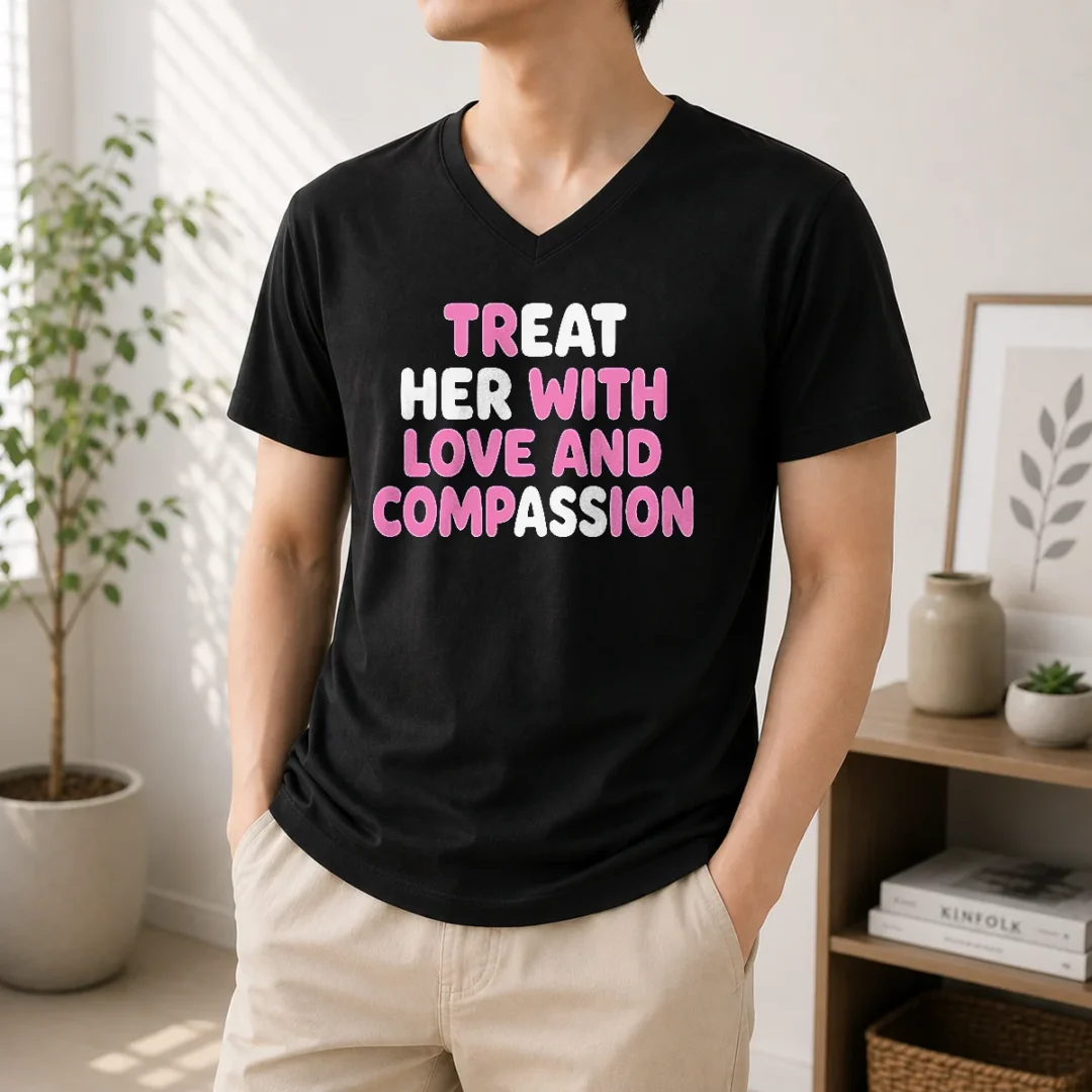 pretty-treat-her-with-love-and-compassion-kindness-v-neck-shirt Pretty Treat Her With Love And Compassion Kindness V-Neck Shirt