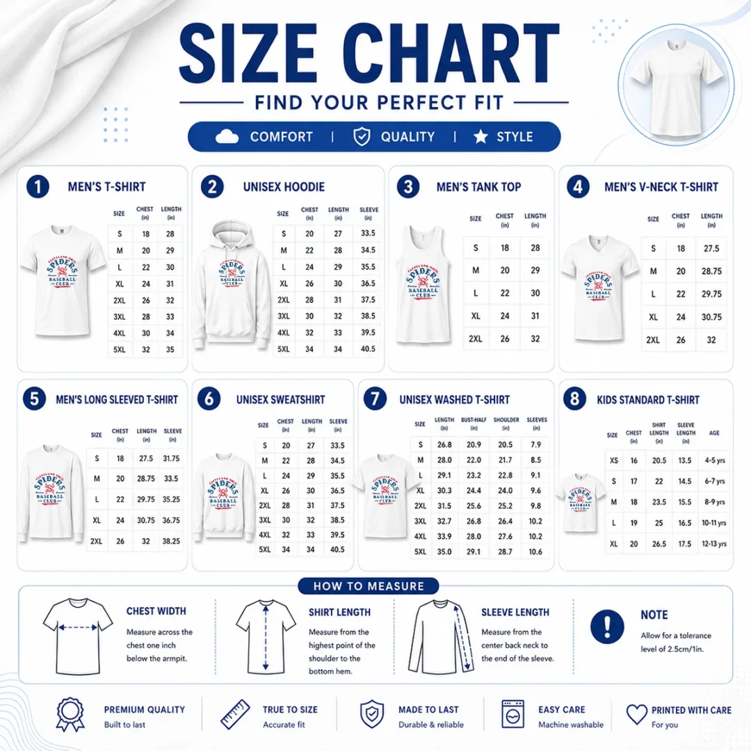 pretty-vintage-cleveland-spiders-american-association-baseball-club-est-1887-size-chart Size chart for Pretty Vintage Cleveland Spiders American Association Baseball Club Est 1887 with measurements in inches and cm to help choose the right fit