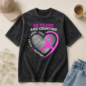 Happy Original 25 Years And Counting Hope Love Breast Cancer Washed T-Shirt