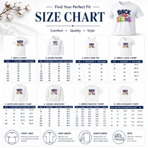 Size chart for Funny Pretty Retro Distressed Back To School Typography with measurements in inches and cm to help choose the right fit