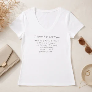 Top Nice I Love To Party Sitting At Home Watching TV Complaining About Government V Neck Shirt in black, casual fit