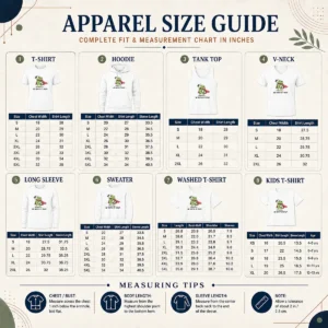 Size chart for Nice Good We Admin At Dawn Assistant Principal Frog with measurements in inches and cm to help choose the right fit