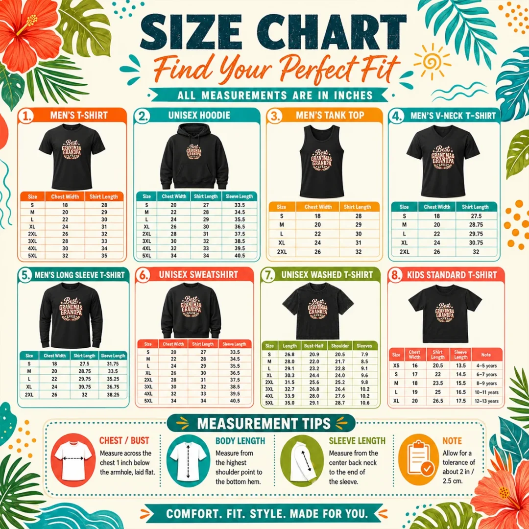 top-grandparents-day-best-ever-vintage-vector-size-chart Size chart for Top Grandparents Day Best Ever Vintage Vector with measurements in inches and cm to help choose the right fit
