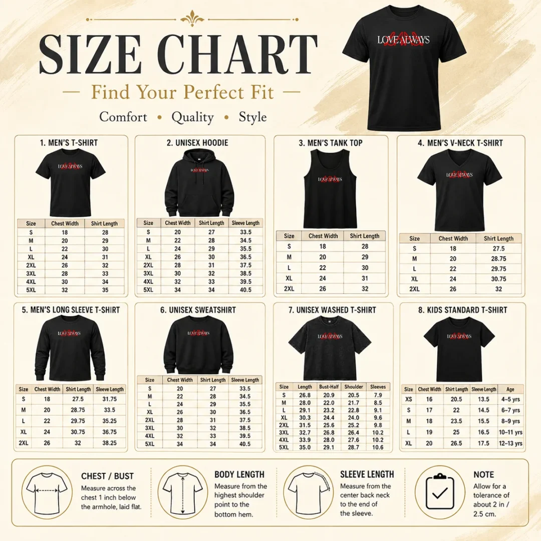 Top Love Always L A Love Always Size Chart Size chart for Top Love Always L A Love Always with measurements in inches and cm to help choose the right fit