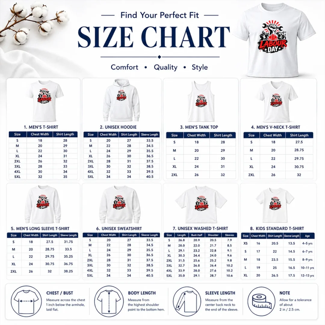 Top Official Labour Day Workers Silhouette Fist Wrench Grunge Size Chart Size chart for Top Official Labour Day Workers Silhouette Fist Wrench Grunge with measurements in inches and cm to help choose the right fit