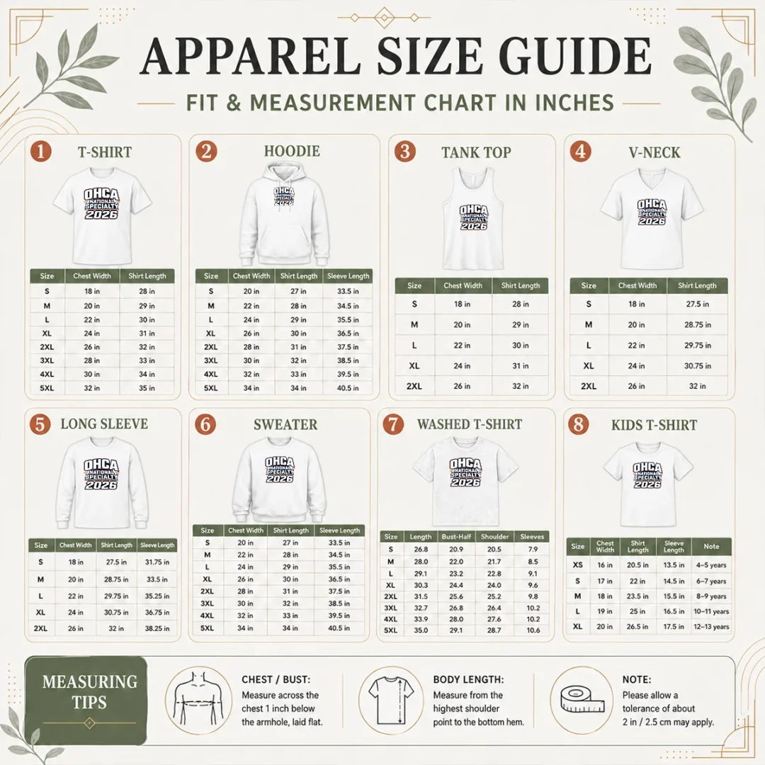 top-ohca-national-specialty-2026-typography-pride-size-chart Size chart for Top OHCA National Specialty 2026 Typography Pride with measurements in inches and cm to help choose the right fit