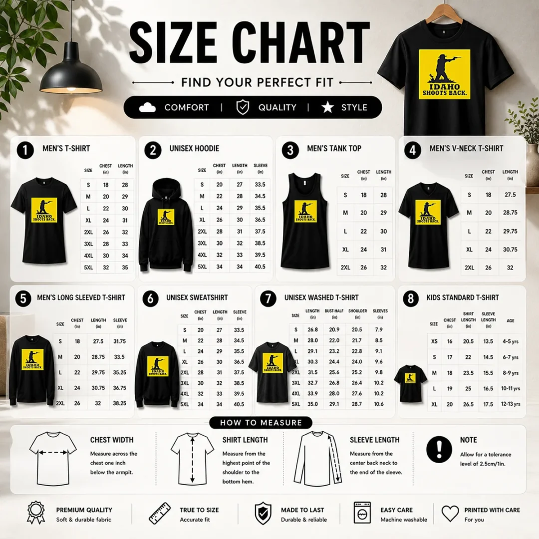 top-original-idaho-shoots-back-size-chart Size chart for Top Original Idaho Shoots Back with measurements in inches and cm to help choose the right fit