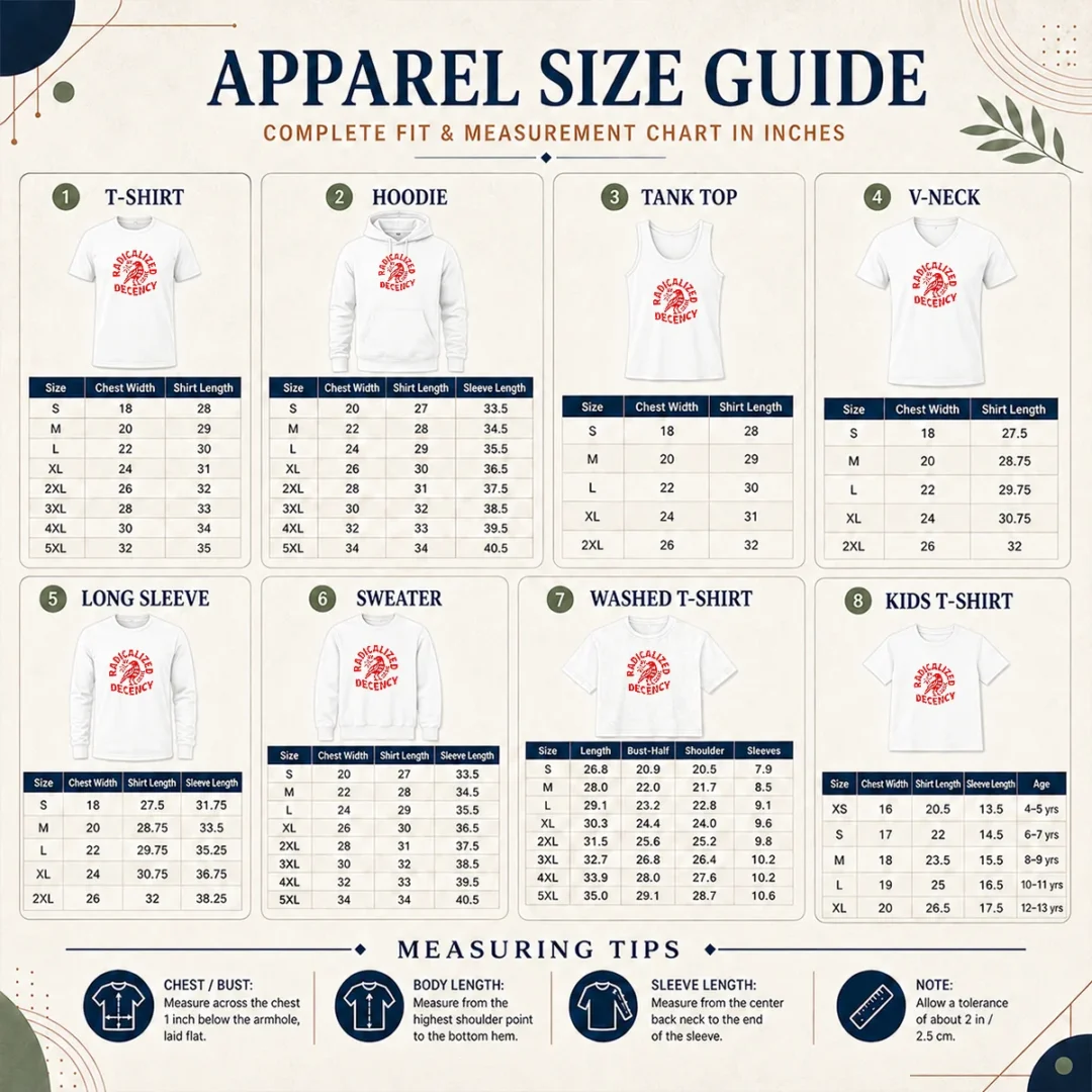 Top Radicalized By Basic Decency Distressed Bird Size Chart Size chart for Top Radicalized By Basic Decency Distressed Bird with measurements in inches and cm to help choose the right fit