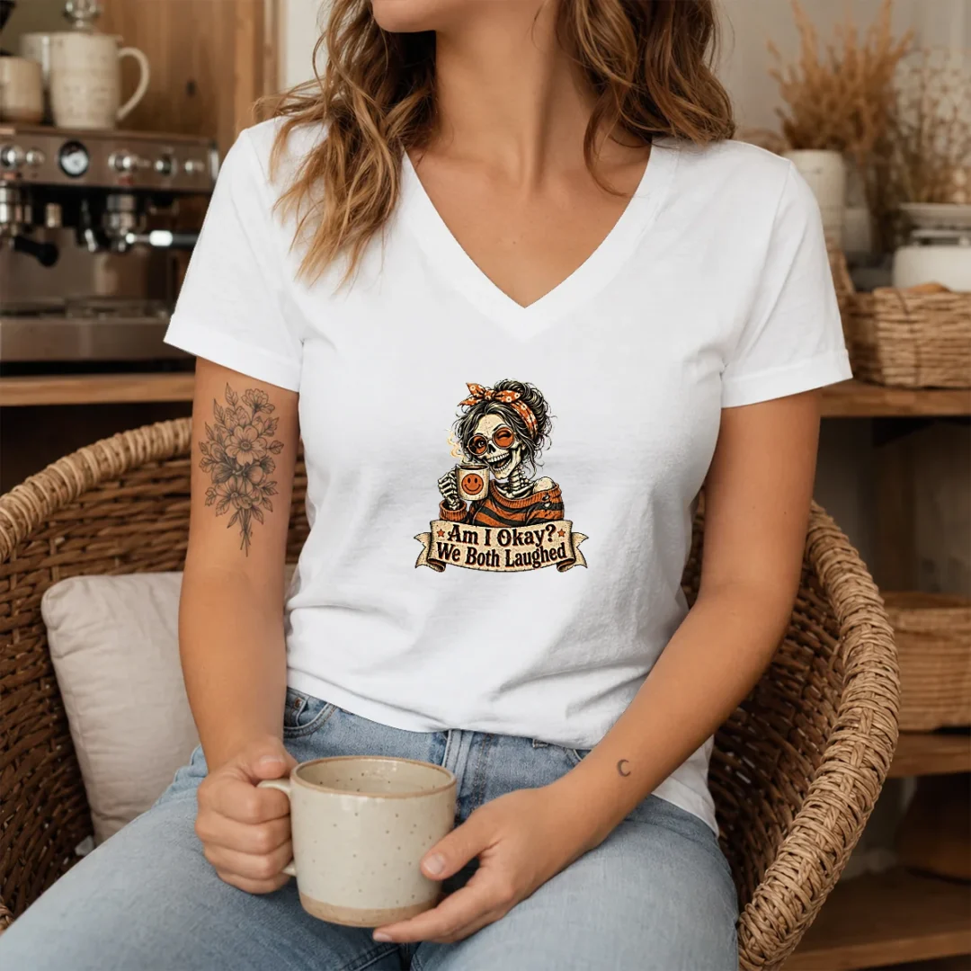 top-vintage-funny-halloween-skeleton-girl-coffee-v-neck-shirt Top Vintage Funny Halloween Skeleton Girl Coffee V-Neck Shirt
