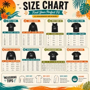Size chart for Funny Original Summer Bank Holiday Vibes Silhouette with measurements in inches and cm to help choose the right fit