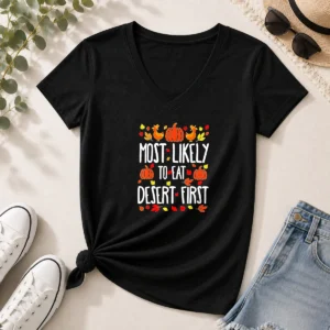 Awesome Most Likely To Eat Dessert First Thanksgiving V-Neck Shirt