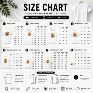 Size chart for Awesome Spain Soccer Cat Meme Comic Funny Football Humor with measurements in inches and cm to help choose the right fit